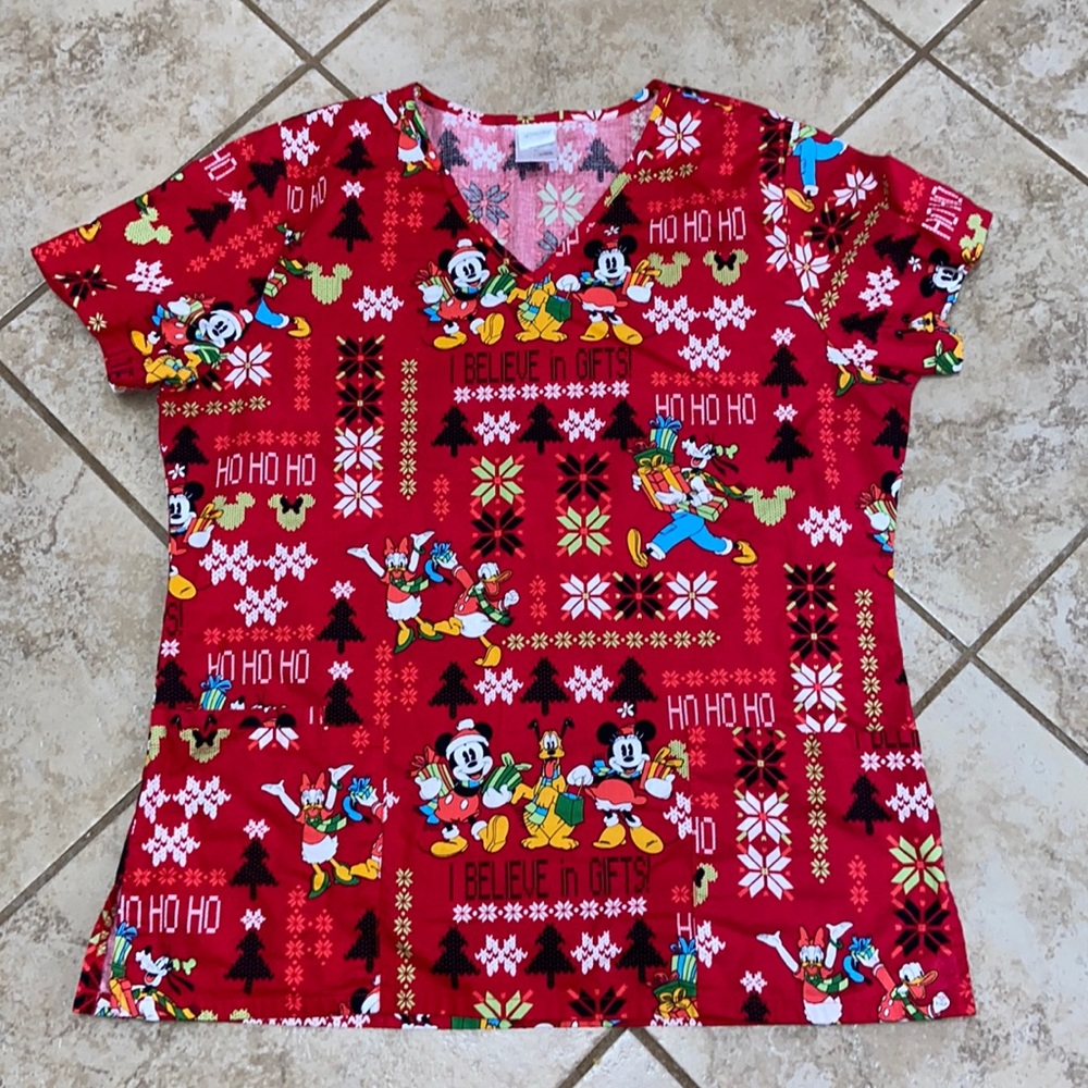 Disney Mickey and Friends “I Believe in Gifts” Scrub Top